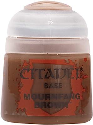 A small, brown plastic container of Citadel Base - Mournfang Brown with a flip-top lid. The label reads "CITADEL BASE MOURNFANG BROWN" against an orange background and splatter design. Perfect for basecoating your Citadel miniatures, the semi-transparent white lid reveals some acrylic paint residue inside.