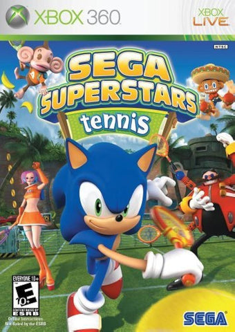 The Xbox 360 cover of "Sega Superstars Tennis" by Everything Games features Sonic the Hedgehog dynamically swinging a tennis racket. SEGA characters from various games animate the vibrant green court and stadium under a clear blue sky.