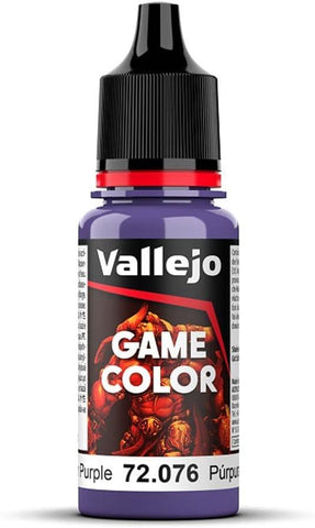 A Vallejo paint bottle labeled "Alien Purple" (18ml), numbered 72.076, features high pigment saturation for vivid results. It has a predominantly purple design with a black cap and red band, highlighting the brand name and an illustration of a muscular, red-armored figure.