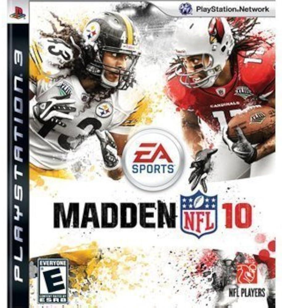 The image features the cover art of the PlayStation 3 game "Madden 10" by EA Sports, highlighting Pro-Tak Animation Technology. It showcases two American football players in black and yellow and red and white uniforms. In the background, you can see the Madden NFL 10 logo along with an "Everyone" ESRB rating.