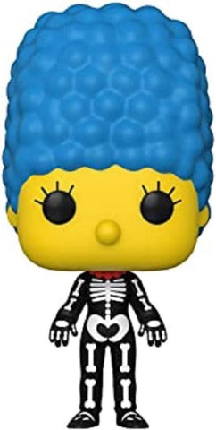 The Funko Pop! TV: Simpsons - Skeleton Marge figurine from Funko features a bright blue beehive hairstyle, yellow skin, black bodysuit with painted white bones, large black eyes, and offers a cartoonish charm ideal for Halloween decor.