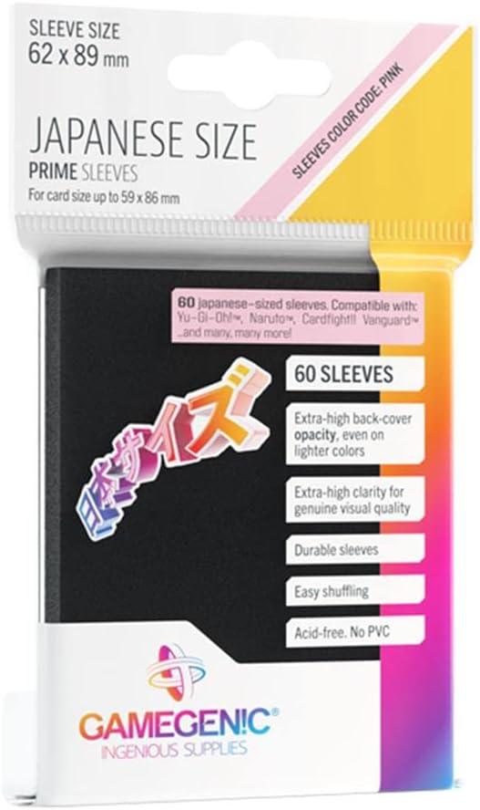 An image of a packaged product of Game Genic Japanese Prime Sleeves - Black, labeled "JAPANESE SIZE PRIME SLEEVES" with dimensions 62 x 89 mm. The packaging advertises 60 tournament sleeves featuring extra-high back-cover opacity, durable card game protection, easy shuffling, and being acid-free with no PVC.