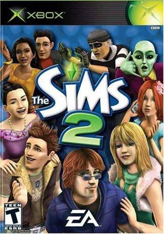 The cover art for the life simulation game "The Sims 2" on Xbox by Everything Games features diverse virtual characters, such as smiling individuals, a person wearing a tank top, and a green alien. These characters are gathered around the game's logo, with the Xbox and Everything Games logos prominently displayed, along with the "Teen" ESRB rating in the corner.