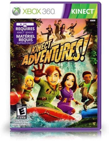 Cover art for "Kinect Adventures" by Everything Games, a thrilling motion-controlled Xbox 360 experience. Diverse avatars navigate a raft down a waterfall. The cover features Xbox 360, Kinect logos on top and an ESRB "Everyone" rating at the bottom left.