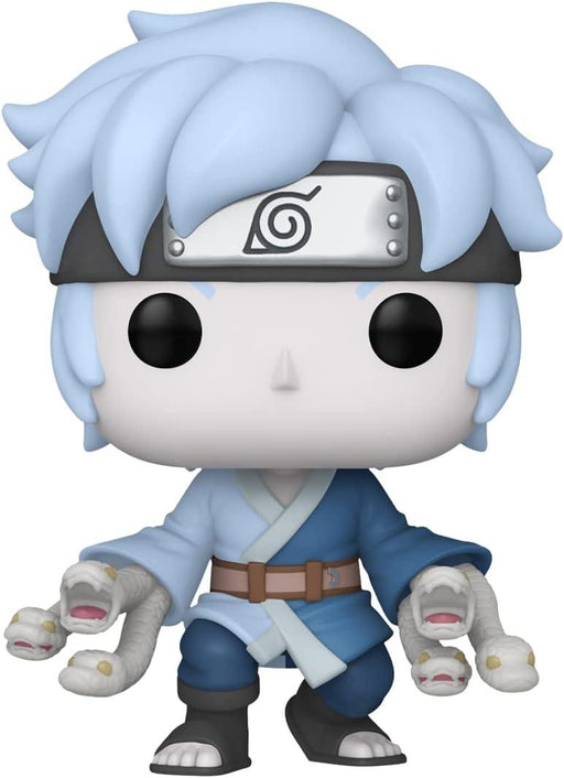 Funko Pop! Animation: Boruto: Naruto Next Generations - Mitsuki with Snake Hands figure by Funko featuring an anime character with light blue hair and a headband featuring a swirl insignia. The character has black, round eyes, wears a blue and white outfit with a brown belt, and has snake-like creatures emerging from his sleeves and ankles.