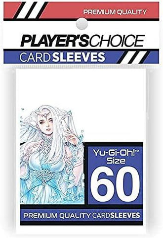 A pack of Player's Choice Mini White Sleeves, designed specifically for Yu-Gi-Oh! cards. Made from durable polypropylene material, the 60 premium quality sleeves offer excellent card protection and feature a gloss finish. The packaging showcases a female character adorned in intricate blue and white armor with long flowing hair.