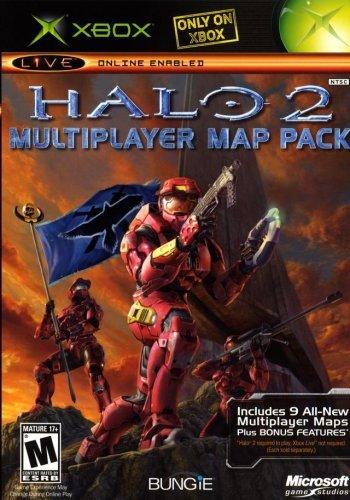 Cover art for "Halo 2 (Multiplayer Map Pack Edition)" for Xbox. It features three armored characters, including Master Chief, holding weapons in a desert-like environment with a flag bearing the Halo logo. The text includes "Includes 9 All-New Multiplayer Maps!" and logos for Xbox Live, Bungie, and Microsoft Game Studios. Rated Mature 17+.