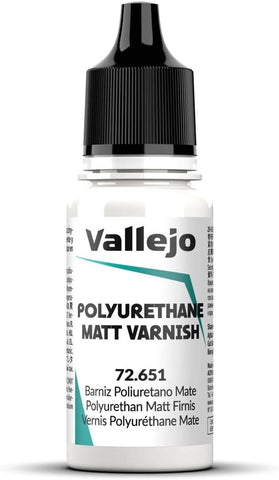 The Vallejo 72651 Polyurethane Matt Varnish (18ml) features a black dropper cap and a label with bold black text showing its water-based, U.V. resistant formula, multilingual descriptions in smaller font, and product number prominently above a teal geometric design.