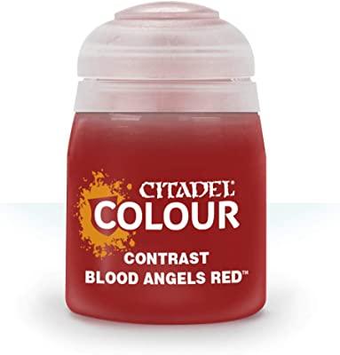 A Citadel Contrast - Blood Angels Red paint pot is depicted. Made of clear plastic with red liquid, it features a label with a yellow splash and white text. Designed for realistic shading, the lid is light pink.