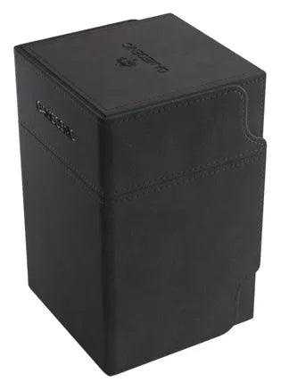 The GameGenic Watchtower 100+ XL by Everything Games is a sleek black rectangular box with subtle stitching, embossed Gamegenic lid logo, and side indents for easy opening. Standing upright, it's an extra-large card holder accommodating double-sleeved cards in a modern design.