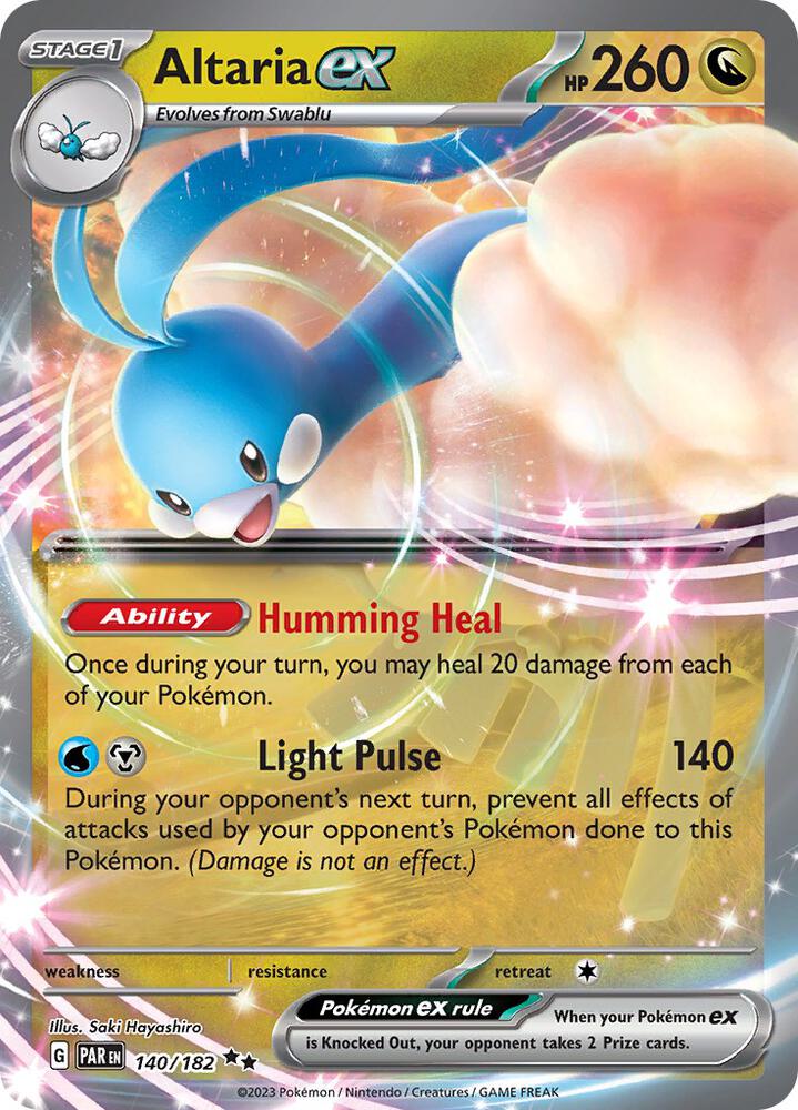 The image shows a Double Rare Pokémon trading card, Altaria ex (140/182) from Scarlet & Violet: Paradox Rift. It has 260 HP, evolves from Swablu, and features Altaria with abilities 