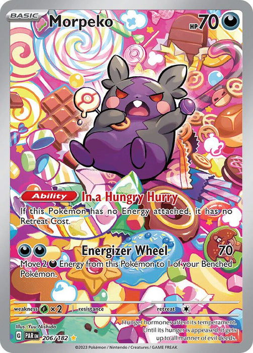 Introducing the Morpeko (206/182) [Scarlet & Violet: Paradox Rift] from the Pokémon brand, showcasing Morpeko in its Hangry Form. This round, two-legged creature with dark fur is depicted holding berries and surrounded by colorful food items. The card boasts 70 HP and includes the abilities "In a Hungry Hurry" and "Energizer Wheel." It features an Illustration Rare with a vibrant and playful design.