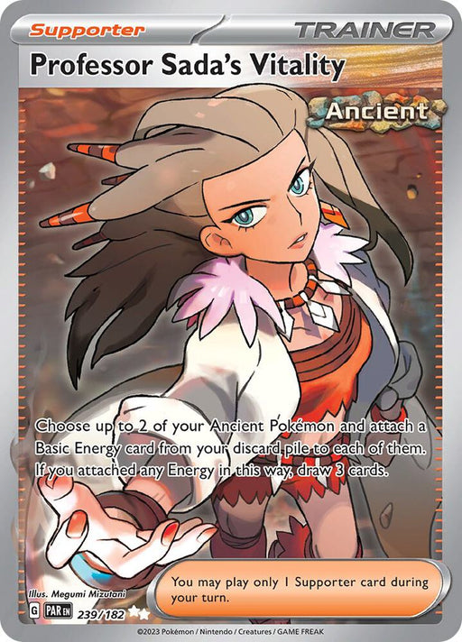 The Ultra Rare Supporter card "Professor Sada's Vitality (239/182) [Scarlet & Violet: Paradox Rift]" from Pokémon showcases an animated female character with long brown hair and a determined expression. She's dressed in an orange and white outfit complemented by a lab coat, and the card's text elaborates on abilities related to attaching and drawing cards.