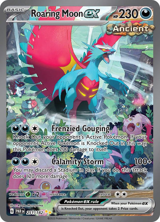 The Roaring Moon ex (251/182) trading card from the Pokémon Scarlet & Violet: Paradox Rift series features a 230 HP Ancient type dragon depicted with bright red wings, a blue body, and yellow eyes. Its attacks include Frenzied Gouging and Calamity Storm. The card's background showcases a forest illuminated by glowing pink and blue energy effects amidst a Paradox Rift.