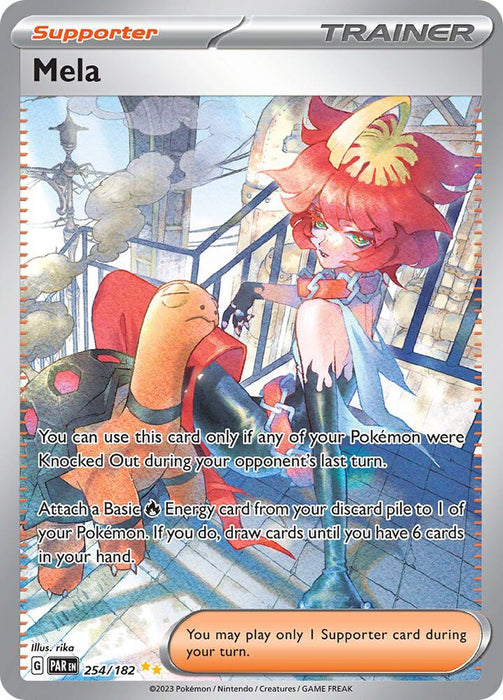 Presenting the Mela (254/182) [Scarlet & Violet: Paradox Rift] Trainer card by Pokémon. This special illustration rare features Mela, who is depicted wearing a star-shaped hair accessory and red attire. In the background, a tall building and lamppost add depth to the scene, while a tortoise-like Pokémon is prominently featured in the Paradox Rift foreground. The card's text outlines its usage conditions and benefits for gameplay.