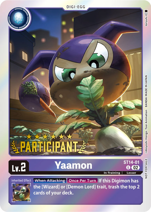 A digital trading card featuring Yaamon, a purple, bat-like creature with a large head and angry eyes. Labeled "DIGI-EGG" at the top, with "PARTICIPANT" in the center and "Yaamon [ST14-01]" at the bottom. Part of the Digimon Starter Deck: Beelzemon Advanced Deck Set, it details attributes like "Lv.2" and "Inherited Effect.