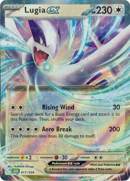 A Pokémon trading card from the Trading Card Game Classic features Lugia ex. This colorless card has 230 HP and displays two moves: Rising Wind, which deals 30 damage and allows a player to attach a Basic Energy card from their deck; and Aero Break, which deals 200 damage but causes Lugia to take 30 damage. The card's number is 017/034.