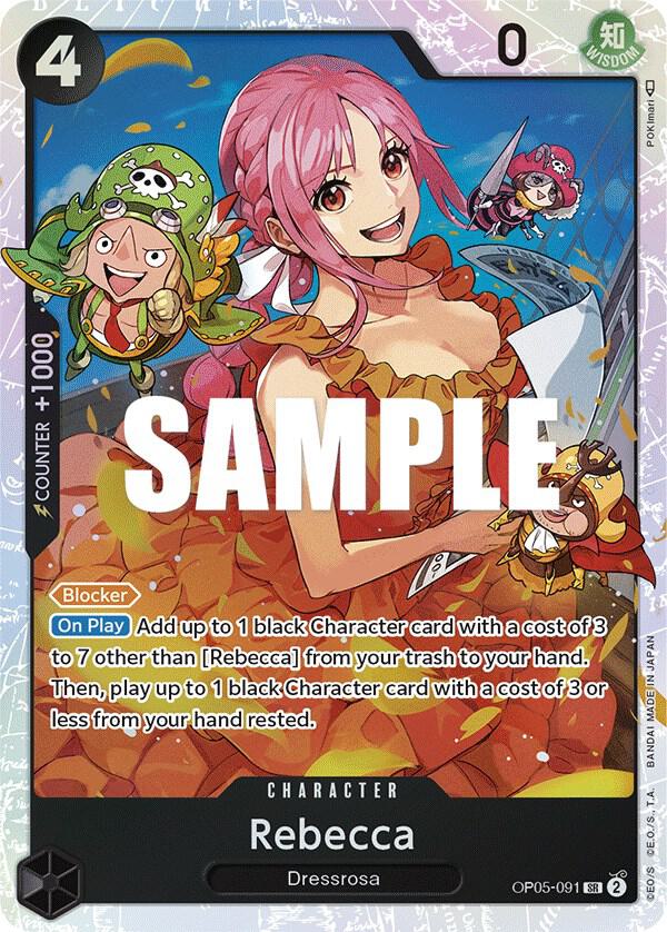 This vibrant Super Rare Rebecca [Awakening of the New Era] character card from Bandai showcases an animated figure with pink hair, an orange outfit, and a green helmet with goggles. It features a cheerful expression, includes gameplay instructions, and boasts stats such as 