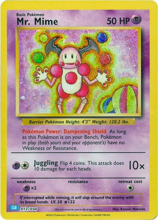 The "Mr. Mime [Trading Card Game Classic]" Pokémon trading card by the brand Pokémon depicts a pink and white humanoid creature with blue growths on its head and green hands. Essential for any Trading Card Game strategy, this psychic type card features 50 HP and boasts the abilities "Dampening Shield" and "Juggling." The card is distinguished by its yellow border and holographic purple backdrop.