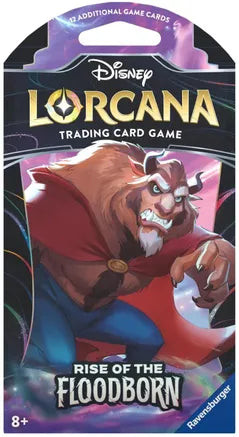 The image displays a Rise of the Floodborn Sleeved Booster Pack from the Disney Lorcana Trading Card Game. The artwork showcases Beast from Disney's 