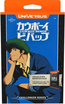 Image of a UniVersus Challenger Series Deck: Cowboy Bebop trading card game pack. The packaging shows an anime character in a blue suit against a blue background. Text reads "Cowboy Bebop," "ONE COMPLETE DECK," and "CONTAINS 64-FIX ART FOIL CHARACTERS & ATTACKS." Suitable for ages 14 and up.
