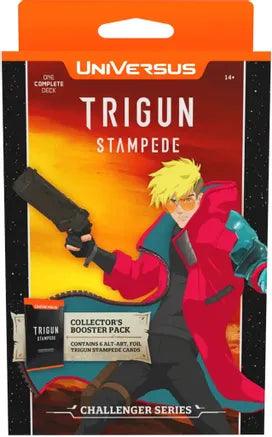 The image showcases a UniVersus Challenger Series Deck: Trigun Stampede. The packaging features a dynamic illustration of a blonde character in a red coat holding a large weapon, set against an orange-red background. Text highlights that the pack contains 4 foil Trigun cards from the Trigun Stampede Deck.