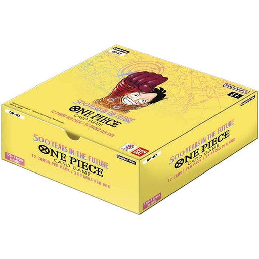 A yellow box labeled "500 Years in the Future - Booster Box" from Bandai, adorned with an illustration of a character wearing a red hat, captures the excitement within. The text indicates "12 Cards per Pack, 24 Packs per Booster Box," and features logos for Bandai, Toei Animation, along with other branding elements.