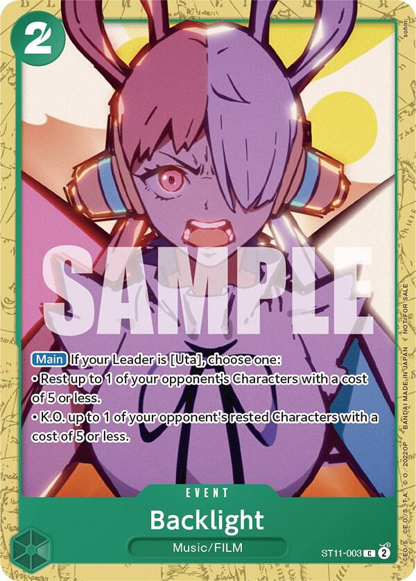 The card image from Bandai features an animated character with pink and purple hair, wearing large purple goggles and a stylish outfit. Part of the "Backlight" in Starter Deck 11: Uta Deck Battle [One Piece Promotion Cards], it includes game instructions for leaders and opponent characters.