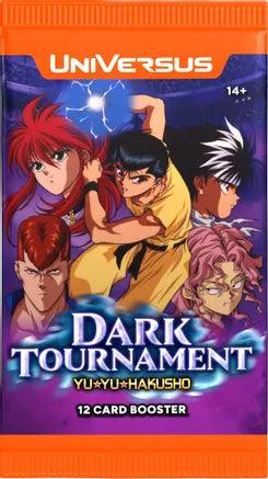 The "Yu Yu Hakusho: Dark Tournament Booster Pack" by UniVersus highlights characters from the anime on a vibrant orange pack, featuring a group of five with one in a yellow suit. It's labeled as a 12-card booster for ages 14+.