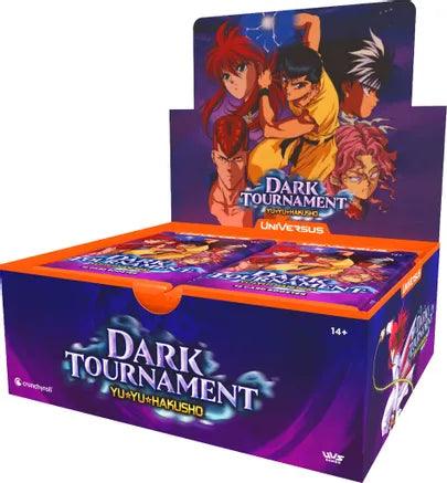 A display box titled "Yu Yu Hakusho: Dark Tournament Booster Box" featuring anime characters. The box, predominantly purple and orange, contains smaller UniVersus packs inside. Intended for ages 14 and up, it showcases prominent characters in action poses on the top flap.