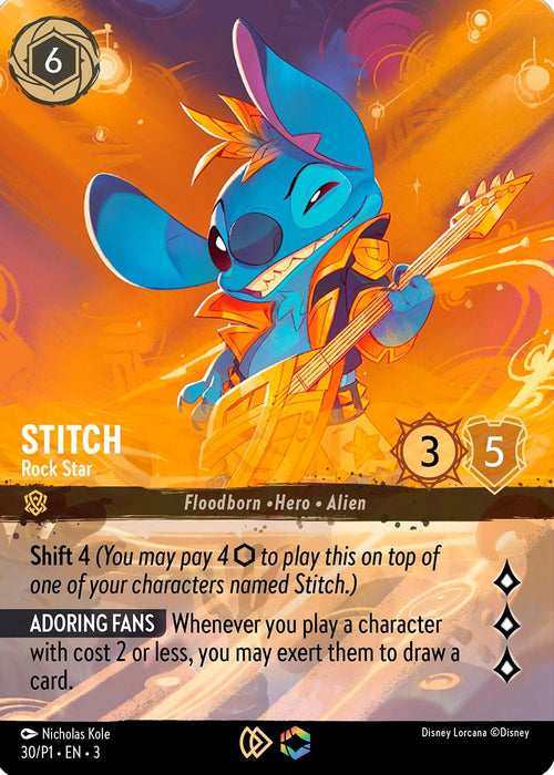 A promo card featuring Stitch depicted as a rock star playing a guitar. Stitch is blue, with spiky hair and sunglasses, wearing an orange jacket. The background is an orange and yellow swirl with stars. The card text details his abilities in the game, including "Shift 4" and "Adoring Fans." The product name is "Stitch - Rock Star (Store Championship) (30) [Promo Cards]" by Disney.