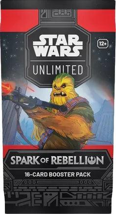 The Star Wars Unlimited: Spark of Rebellion Booster Pack from Fantasy Flight Games highlights a formidable Wookiee character equipped with a blaster. The sci-fi design prominently displays the Star Wars logo, and the pack contains 16 cards designed for players aged 12 and older.