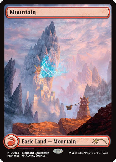 The Mountain (Alayna Danner) from Magic: The Gathering's Standard Showdown Promos depicts a rugged, mythical scene with a towering peak behind an ancient rune-adorned temple. Swirling clouds in warm, golden hues complete this mystical atmosphere.