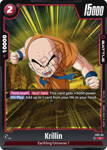 Experience the excitement with the Krillin Battle Card from Dragon Ball Super: Fusion World. Featured in the Starter Deck: Son Goku, Krillin is depicted in a dynamic battle stance, donning his iconic orange martial arts clothing and showcasing a determined expression. This card boasts impressive stats with a power level of 15,000, a cost of 2 energy points, and special abilities prominently highlighted in yellow text boxes.