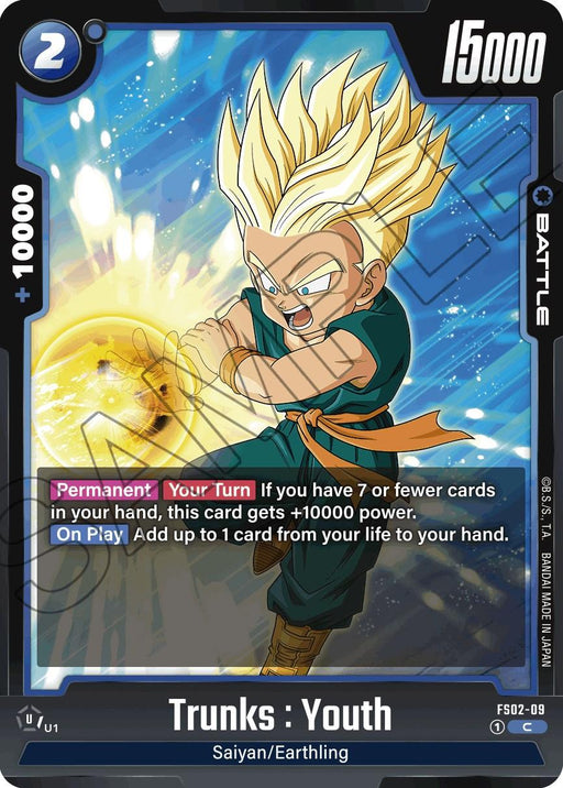 A Dragon Ball Super: Fusion World Trading Card from the "Starter Deck: Vegeta" featuring "Trunks : Youth (FS02-09) [Starter Deck: Vegeta]". The battle card shows Trunks with spiky blonde hair, blue eyes, and a green outfit, charging an energy blast in his hand. The card details include "Permanent", "+10000 power," "Your Turn," and "On Play." Stats are 2 energy cost and 150.