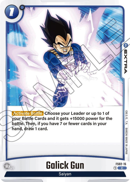 Image of a trading card from the Dragon Ball universe. The card is titled "Galick Gun [Starter Deck: Vegeta]" and features Vegeta in a battle stance, charging a purple energy blast with both hands. Part of the Dragon Ball Super: Fusion World, this Extra Card has an energy cost of 1 and describes an ability that boosts power and allows card draw.