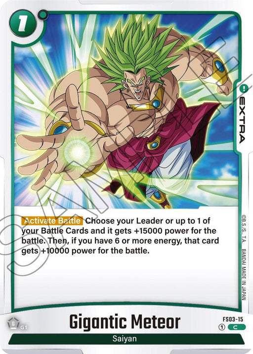 A Dragon Ball Super: Fusion World trading card named "Gigantic Meteor [Starter Deck: Broly]" featuring a muscular character with spiky green hair and gold armbands performing a powerful attack. From the Starter Deck: Broly, this Extra Card has a green border, the number 1, and an "Activate Battle" effect that boosts power as the character's energy radiates intensely.