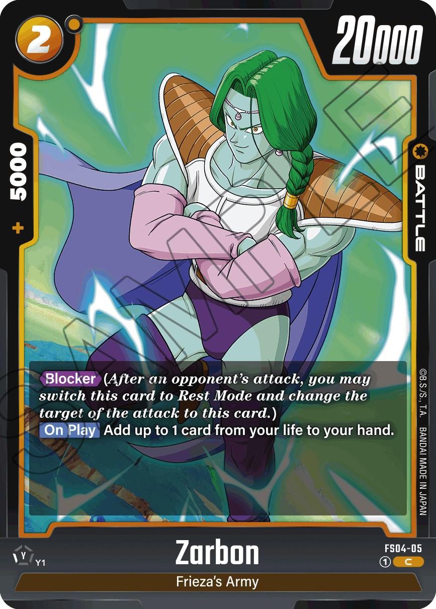 A digital trading card featuring Zarbon, a character with long green hair, from the Dragon Ball Super: Fusion World Starter Deck: Frieza. The card displays Zarbon with a power of 20,000 and includes the abilities 