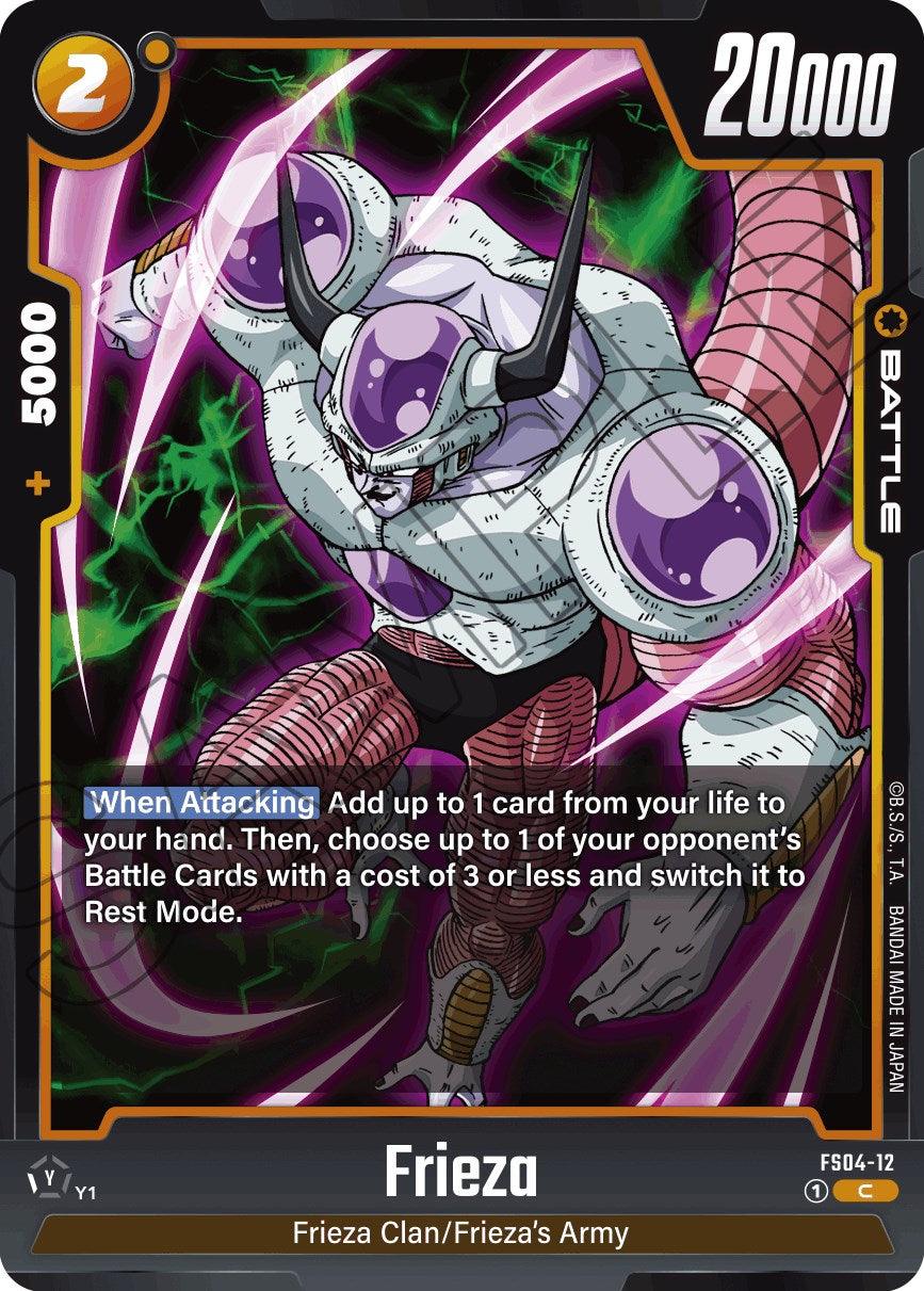 A trading card from the Dragon Ball series featuring Frieza, a white and purple alien with a muscular build and horns. The card displays 