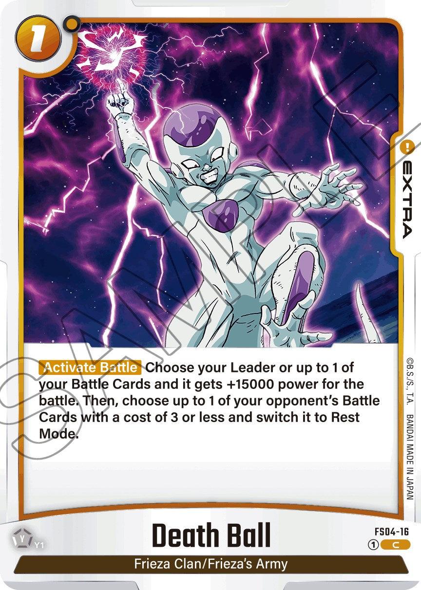 A trading card from the Dragon Ball Super: Fusion World series features the character Frieza emitting a powerful purple energy blast. Titled 