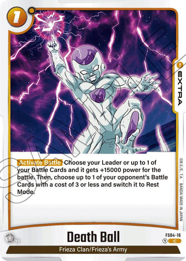 A trading card from the Dragon Ball Super: Fusion World series features the character Frieza emitting a powerful purple energy blast. Titled "Death Ball" and part of the Starter Deck: Frieza, it falls under the Frieza Clan/Frieza's Army category. The card's effects and details are written in text boxes below the image.