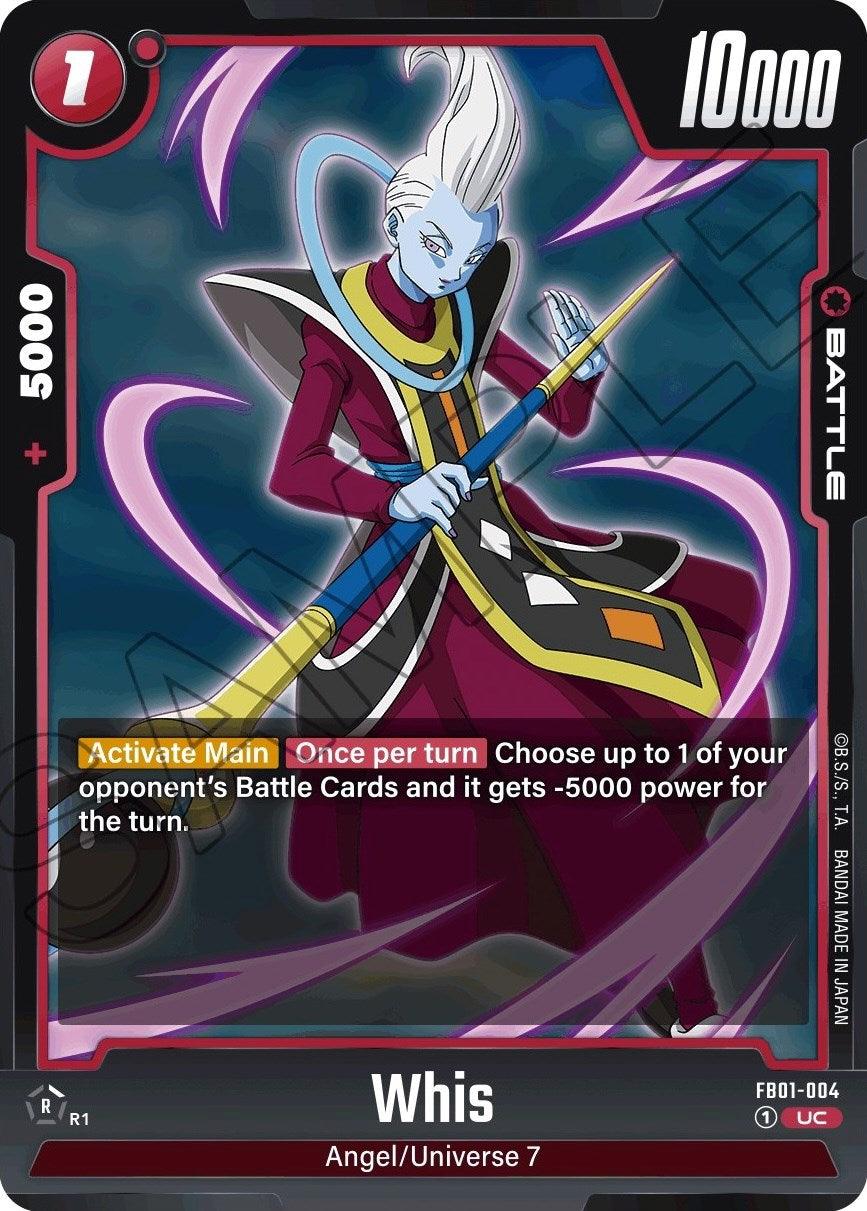 A trading card featuring Whis [Awakened Pulse] from Dragon Ball Super: Fusion World. Whis, with his pale skin and white, upstyled hair, dons a blue outfit with red and yellow accents. The card's 