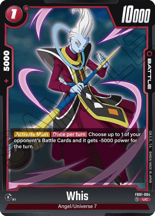A trading card featuring Whis [Awakened Pulse] from Dragon Ball Super: Fusion World. Whis, with his pale skin and white, upstyled hair, dons a blue outfit with red and yellow accents. The card's "+5000" and "10,000" power indicators show his strength. The text says, "Activate Main. Once per turn: Choose up to 1 of your opponent's Battle Cards; it gets -