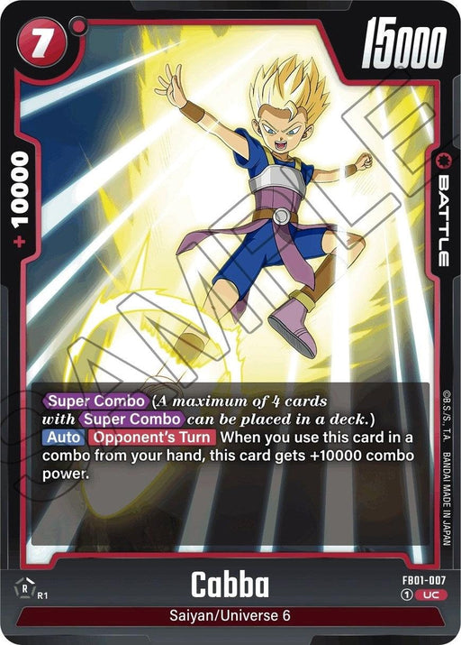 The trading card titled "Cabba [Awakened Pulse]" from Dragon Ball Super: Fusion World features the anime character in a battle pose with spiky hair, surrounded by a glowing aura. With a power level of 15000 and an impressive +10000 Super Combo power increase, the card boasts various game stats like "Auto," all framed by a striking black and red border.