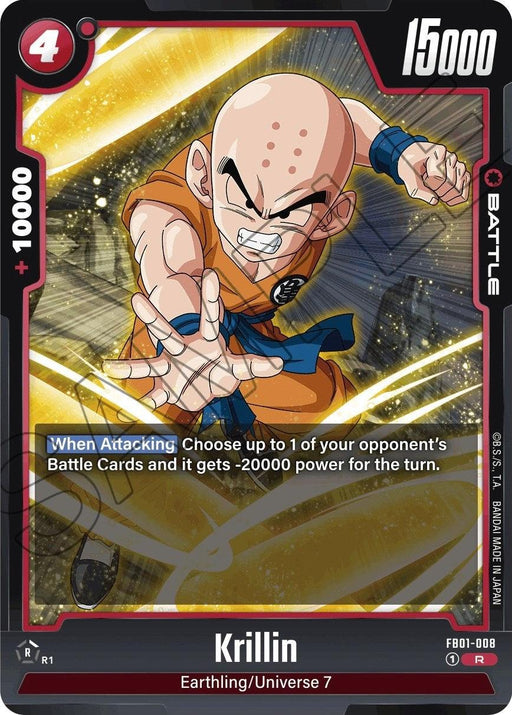 A Dragon Ball Super: Fusion World card featuring Krillin, a bald martial artist in an orange gi, lunging forward with a clenched fist surrounded by yellow energy. The card, titled "Krillin (FB01-008) [Awakened Pulse]," has 15,000 power and a +10,000 bonus. Text reads: “When Attacking: Choose up to 1 of your opponent’s Battle Cards and it gets -20,
