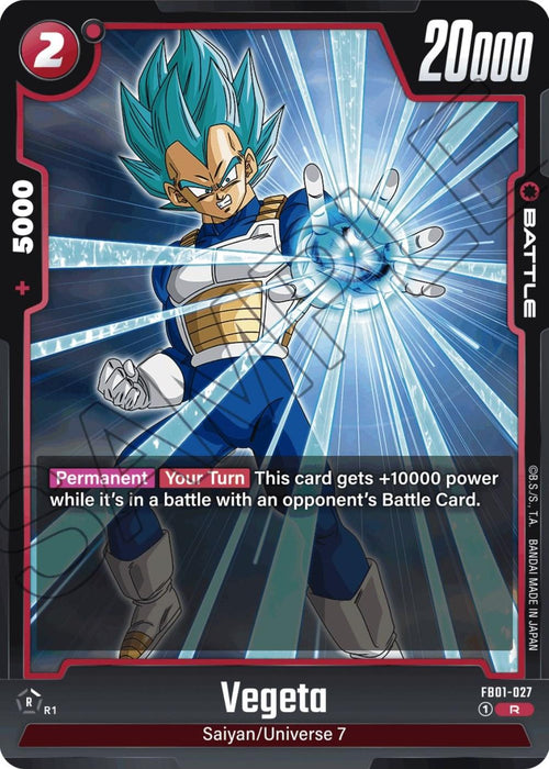 A Rare Battle Card featuring Vegeta from the Saiyan/Universe 7 series. Vegeta (FB01-027) [Awakened Pulse] from Dragon Ball Super: Fusion World, with teal hair and a determined expression, is in an attacking stance, gathering energy in his right hand. The card has a power value of 20,000, cost of 2, and Awakened Pulse attributes. Text highlights a +10,000 power boost.