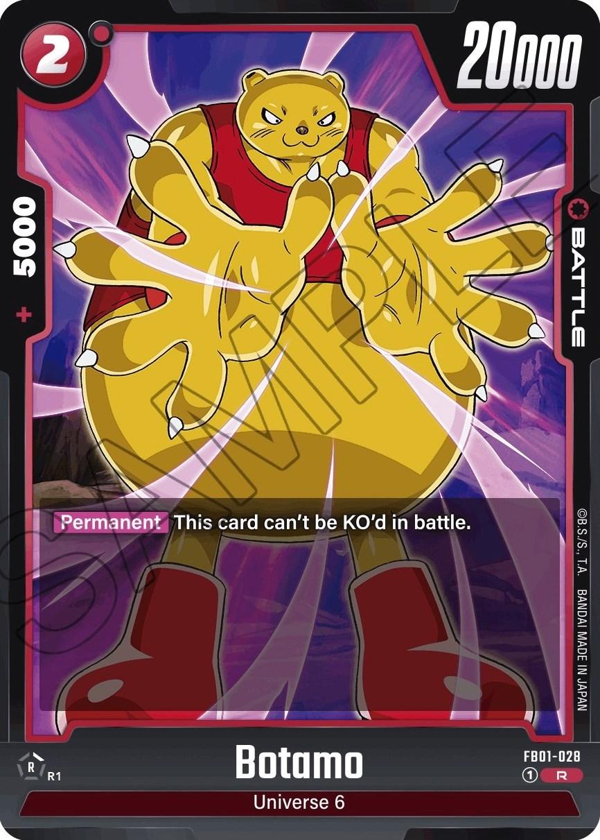 A rare Dragon Ball Super: Fusion World trading card features Botamo [Awakened Pulse] from Universe 6. Botamo is depicted as a large, yellow, bear-like creature with outstretched hands and a determined expression. The card has a power level of 20,000 and a permanent ability stating, 