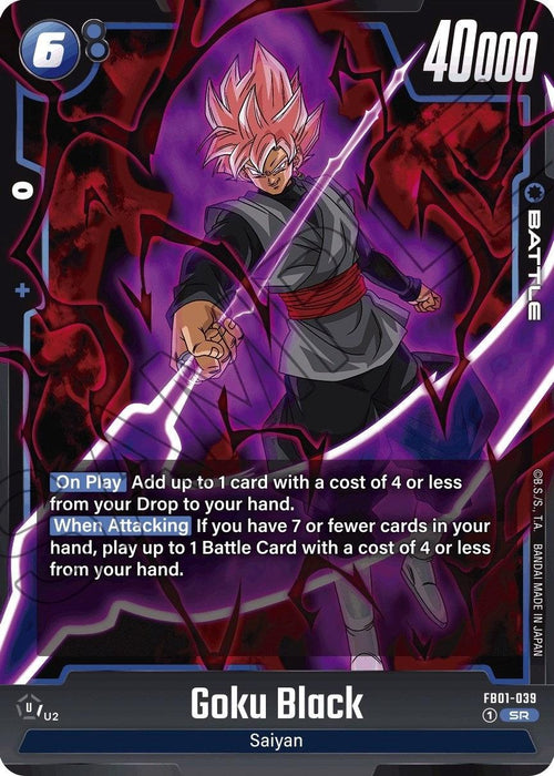 A Battle Card from the Dragon Ball Super: Fusion World featuring "Goku Black (FB01-039) [Awakened Pulse]" with pink hair and a black and gray outfit. Stats include 40,000 power and a cost of 6. Abilities: Awakened Pulse lets you add a card with cost 4 or less from drop to hand upon play and play a card with cost 4 or less when attacking if hand has
