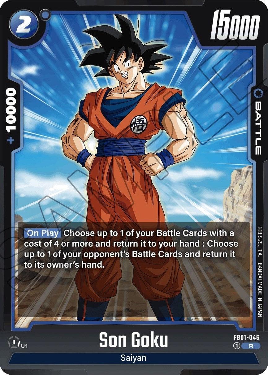 A Battle Card featuring Son Goku (FB01-046) [Awakened Pulse] with a blue border and a power level of 15000. Goku, in his signature orange and blue outfit, is mid-pose on the card. It describes his abilities, including 