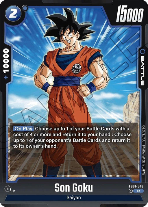 A Battle Card featuring Son Goku (FB01-046) [Awakened Pulse] with a blue border and a power level of 15000. Goku, in his signature orange and blue outfit, is mid-pose on the card. It describes his abilities, including "Saiyan" and "On Play" effects, embodying the Awakened Pulse of his powerful transformations from Dragon Ball Super: Fusion World.